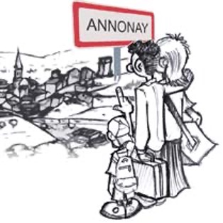 Dessin d'une famille arrivant à Annonay (femme, homme et enfant)